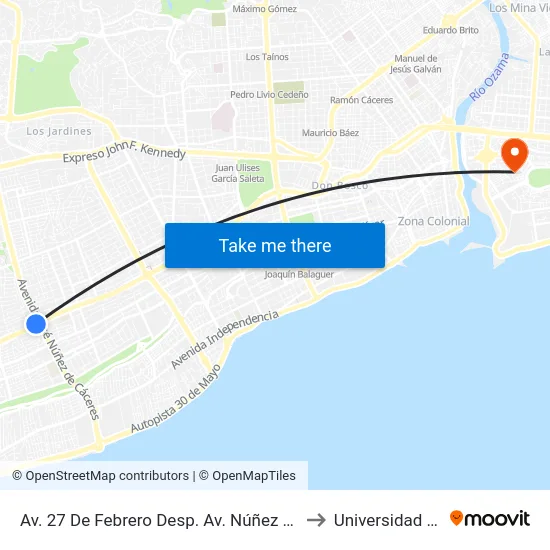 Av. 27 De Febrero Desp. Av. Núñez De Cáceres to Universidad APEC map
