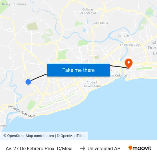 Av. 27 De Febrero Prox. C/México to Universidad APEC map