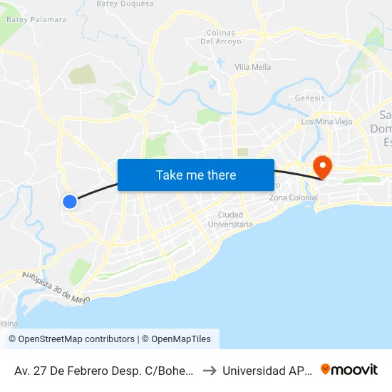 Av. 27 De Febrero Desp. C/Bohemia to Universidad APEC map