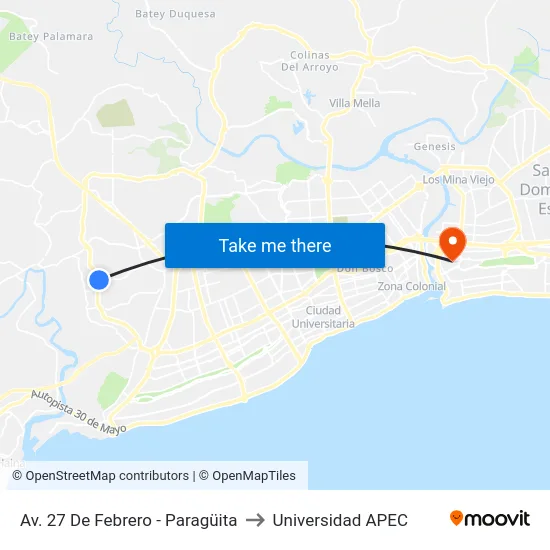 Av. 27 De Febrero - Paragüita to Universidad APEC map