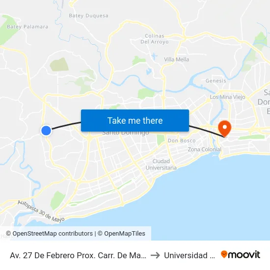 Av. 27 De Febrero Prox. Carr. De Manoguayabo to Universidad APEC map