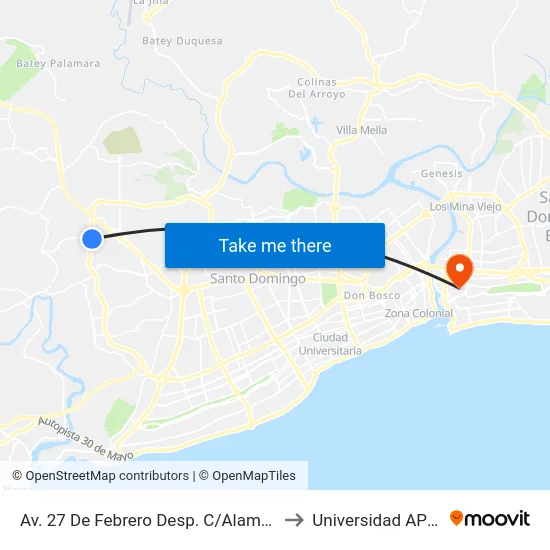 Av. 27 De Febrero Desp. C/Alameda to Universidad APEC map