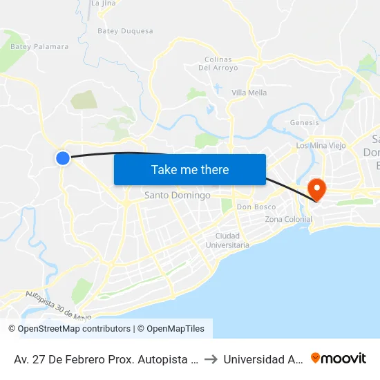 Av. 27 De Febrero Prox. Autopista Duarte to Universidad APEC map