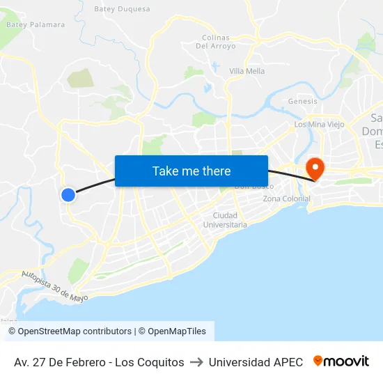 Av. 27 De Febrero - Los Coquitos to Universidad APEC map