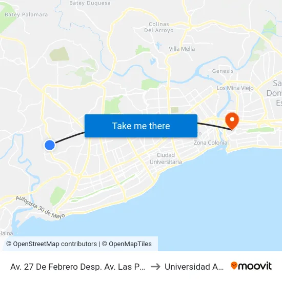 Av. 27 De Febrero Desp. Av. Las Palmas to Universidad APEC map