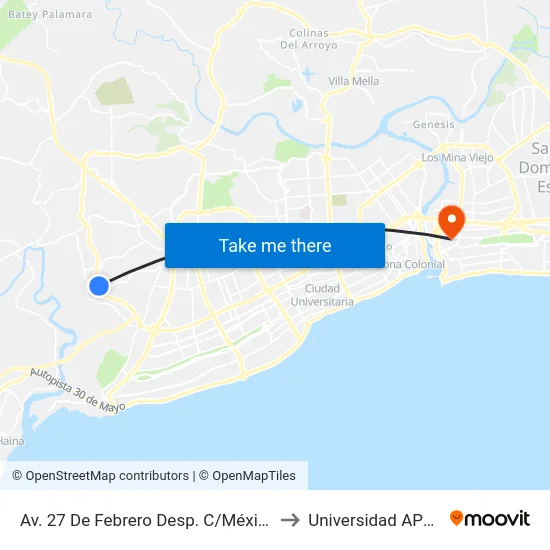 Av. 27 De Febrero Desp. C/México to Universidad APEC map