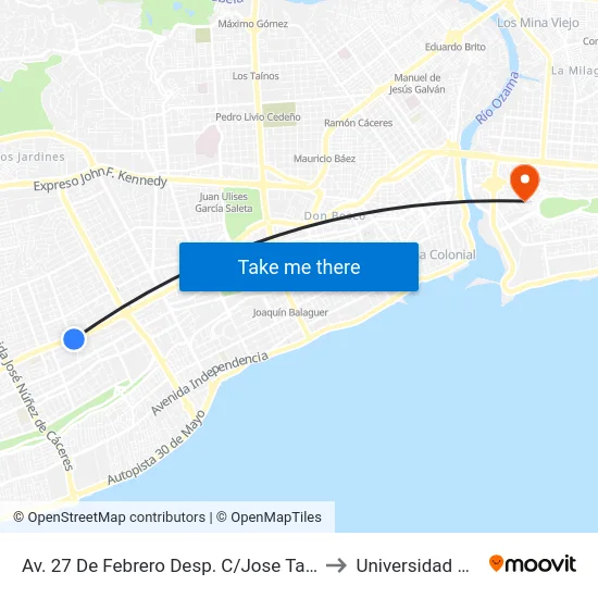 Av. 27 De Febrero Desp. C/Jose Tapia Brea to Universidad APEC map