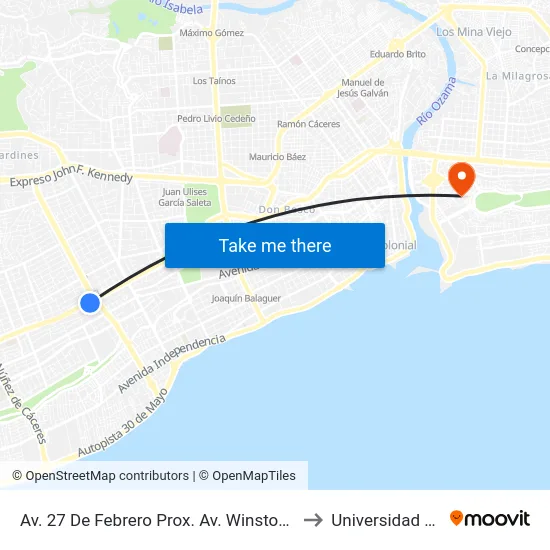 Av. 27 De Febrero Prox. Av. Winston Churchill to Universidad APEC map