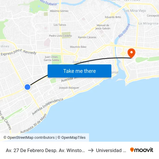Av. 27 De Febrero Desp. Av. Winston Churchill to Universidad APEC map