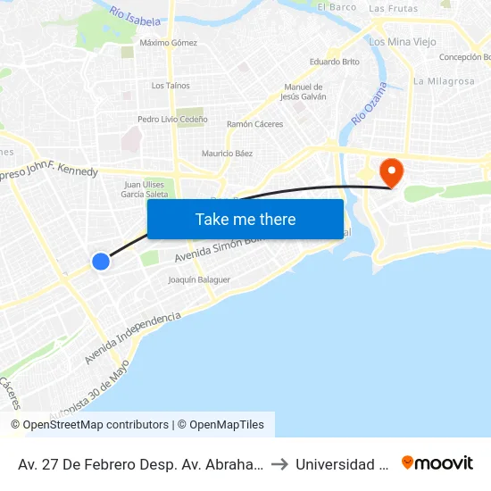 Av. 27 De Febrero Desp. Av. Abraham Lincoln to Universidad APEC map