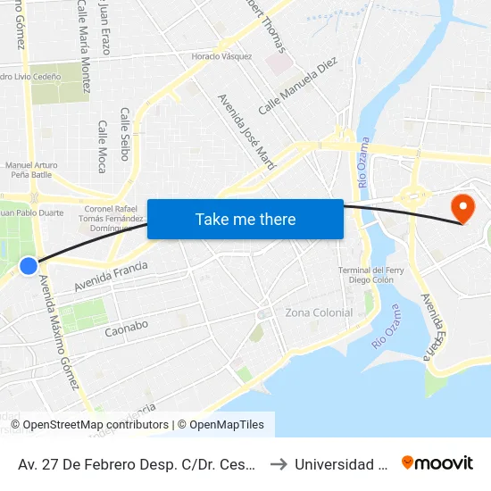 Av. 27 De Febrero Desp. C/Dr. Cesar Dargam to Universidad APEC map