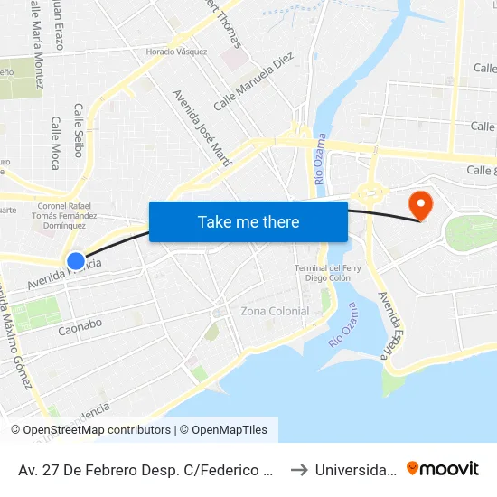 Av. 27 De Febrero Desp. C/Federico Henríquez Y Carvajal to Universidad APEC map