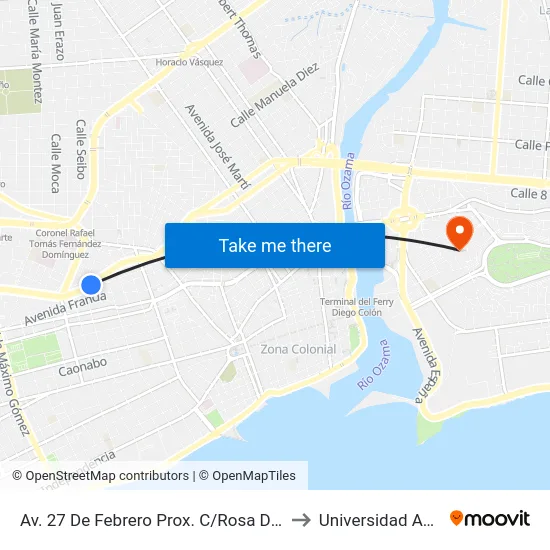 Av. 27 De Febrero Prox. C/Rosa Duarte to Universidad APEC map