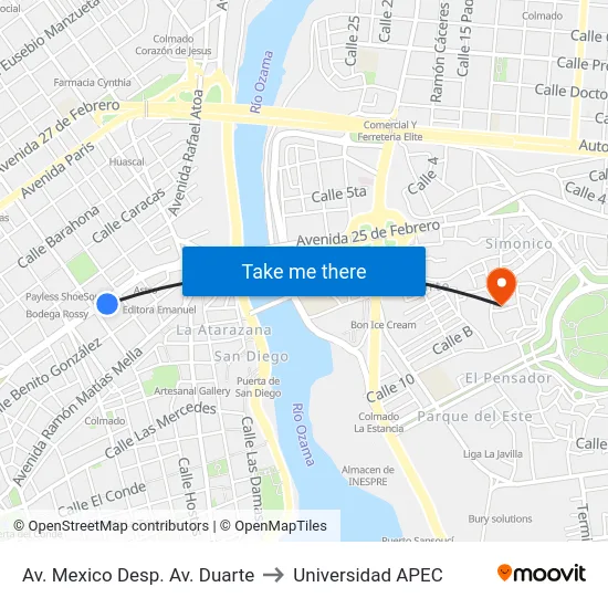 Av. Mexico Desp. Av. Duarte to Universidad APEC map