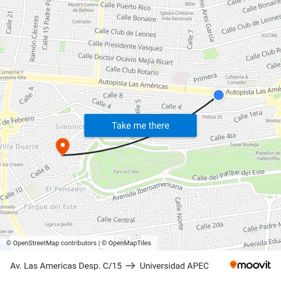 Av. Las Americas Desp. C/15 to Universidad APEC map