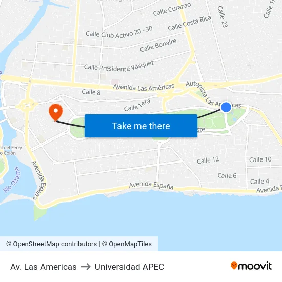 Av. Las Americas to Universidad APEC map