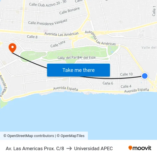 Av. Las Americas Prox. C/8 to Universidad APEC map