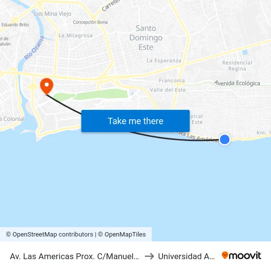 Av. Las Americas Prox. C/Manuela Diez to Universidad APEC map