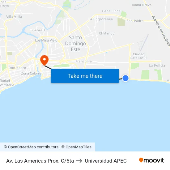 Av. Las Americas Prox. C/5ta to Universidad APEC map