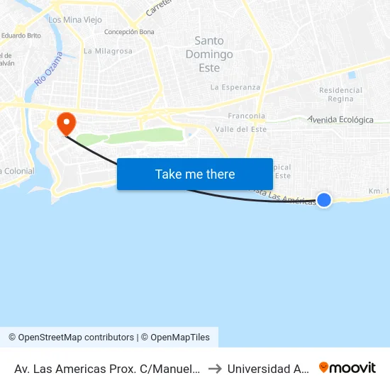 Av. Las Americas Prox. C/Manuela Diez to Universidad APEC map