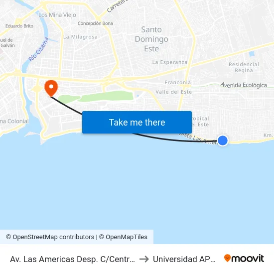 Av. Las Americas Desp. C/Central to Universidad APEC map