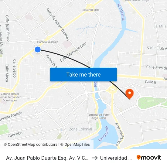 Av. Juan Pablo Duarte Esq. Av. V Centenario to Universidad APEC map