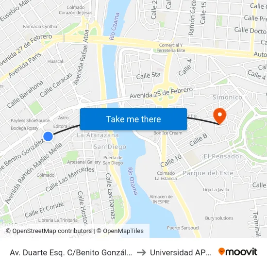 Av. Duarte Esq. C/Benito González to Universidad APEC map