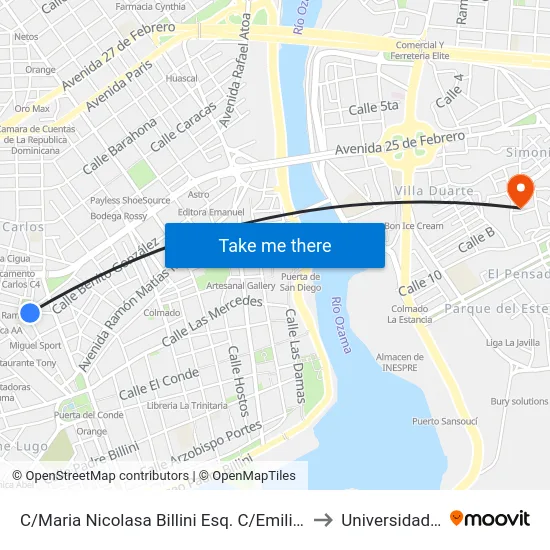 C/Maria Nicolasa Billini Esq. C/Emilio Prud'Homme to Universidad APEC map
