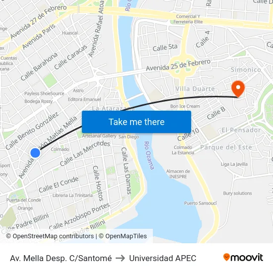 Av. Mella Desp. C/Santomé to Universidad APEC map