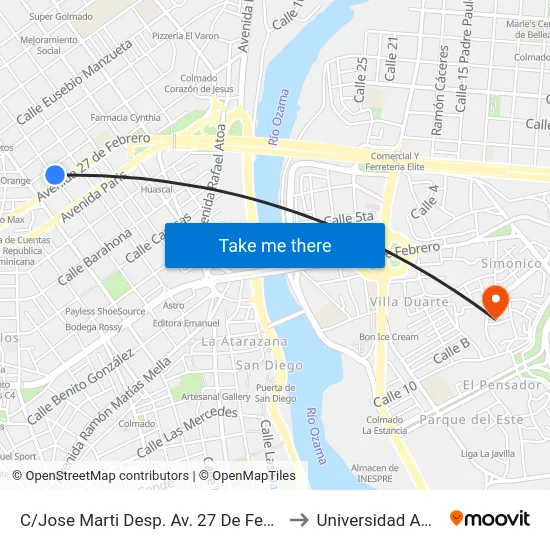 C/Jose Marti Desp. Av. 27 De Febrero to Universidad APEC map