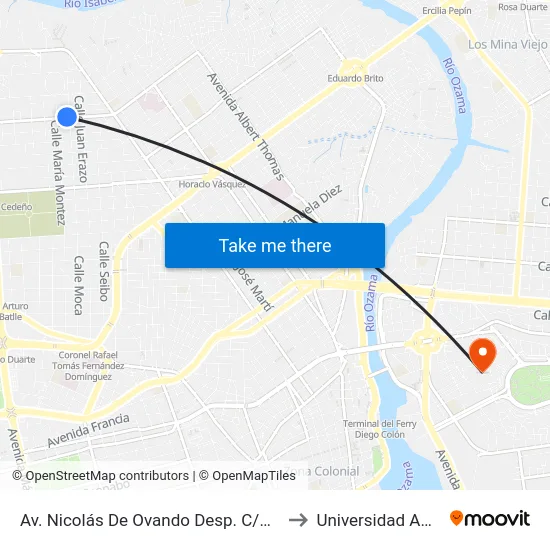 Av. Nicolás De Ovando Desp. C/Moca to Universidad APEC map