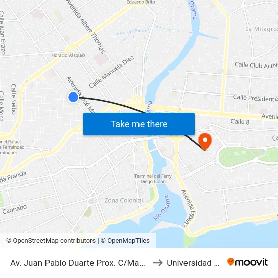 Av. Juan Pablo Duarte Prox. C/Manuela Diez to Universidad APEC map