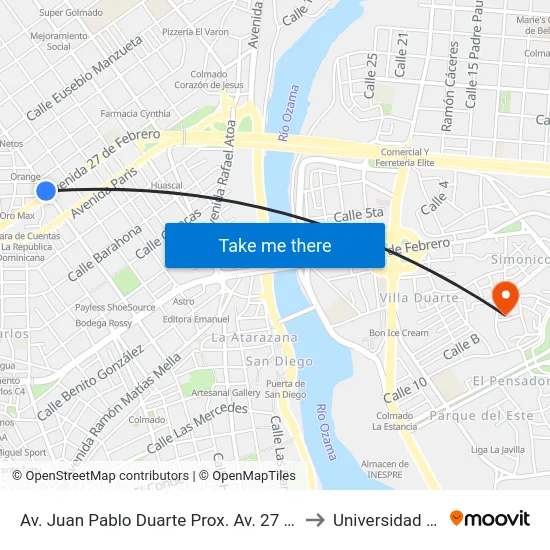 Av. Juan Pablo Duarte Prox. Av. 27 De Febrero to Universidad APEC map