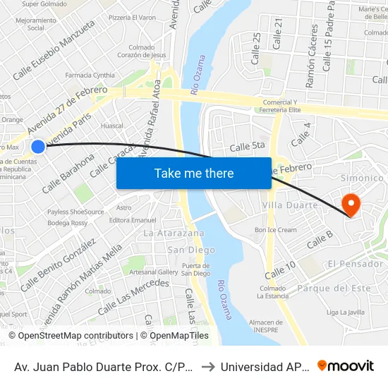 Av. Juan Pablo Duarte Prox. C/Paris to Universidad APEC map