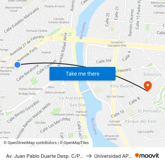 Av. Juan Pablo Duarte Desp. C/Paris to Universidad APEC map