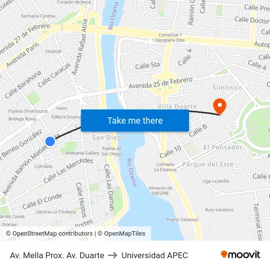 Av. Mella Prox. Av. Duarte to Universidad APEC map