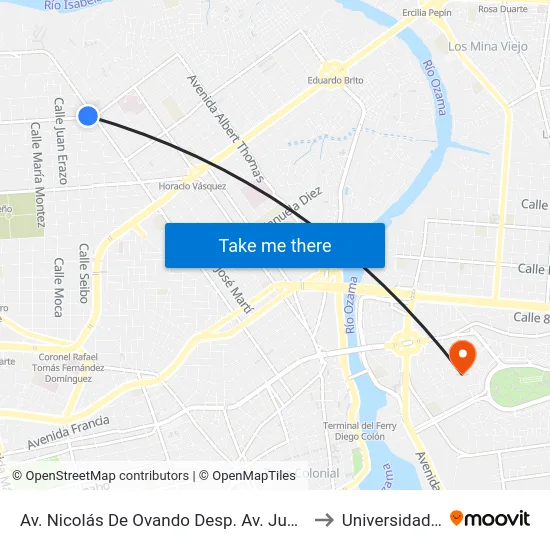 Av. Nicolás De Ovando Desp. Av. Juan Pablo Duarte to Universidad APEC map