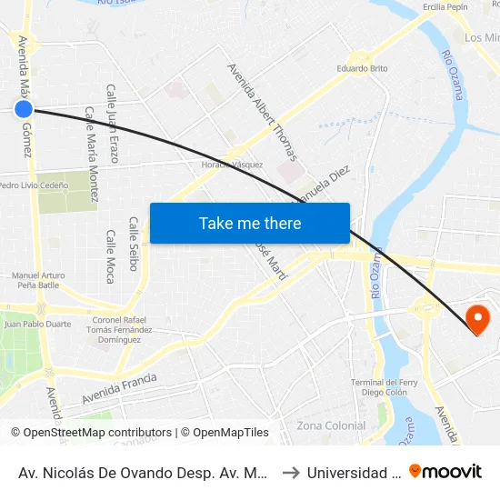 Av. Nicolás De Ovando Desp. Av. Maximo Gomez to Universidad APEC map