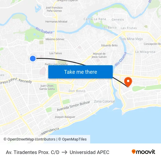 Av. Tiradentes Prox. C/D to Universidad APEC map