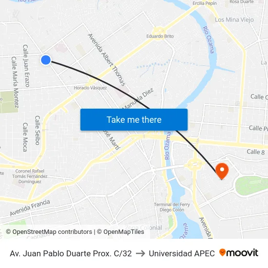 Av. Juan Pablo Duarte Prox. C/32 to Universidad APEC map