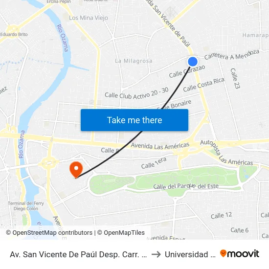 Av. San Vicente De Paúl Desp. Carr. De Mendoza to Universidad APEC map