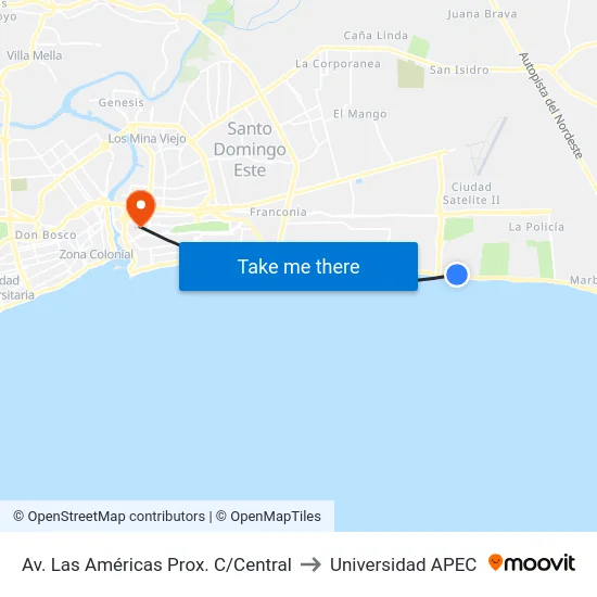 Av. Las Américas Prox. C/Central to Universidad APEC map