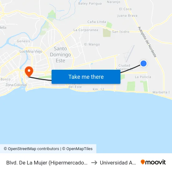 Blvd. De La Mujer (Hipermercados Olé) to Universidad APEC map