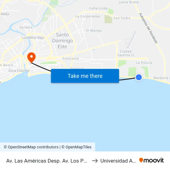 Av. Las Américas Desp. Av. Los Palmeros to Universidad APEC map