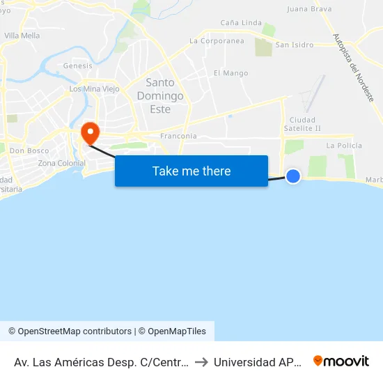 Av. Las Américas Desp. C/Central to Universidad APEC map