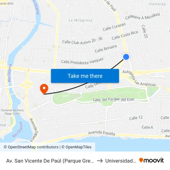 Av. San Vicente De Paúl (Parque Gregorio Luperon) to Universidad APEC map