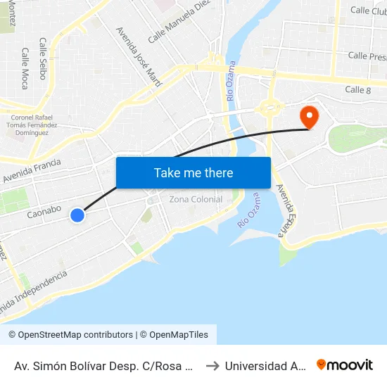 Av. Simón Bolívar Desp. C/Rosa Duarte to Universidad APEC map