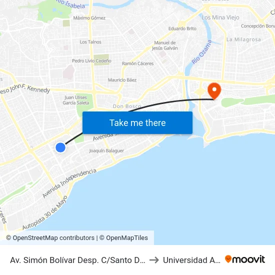 Av. Simón Bolívar Desp. C/Santo Domingo to Universidad APEC map