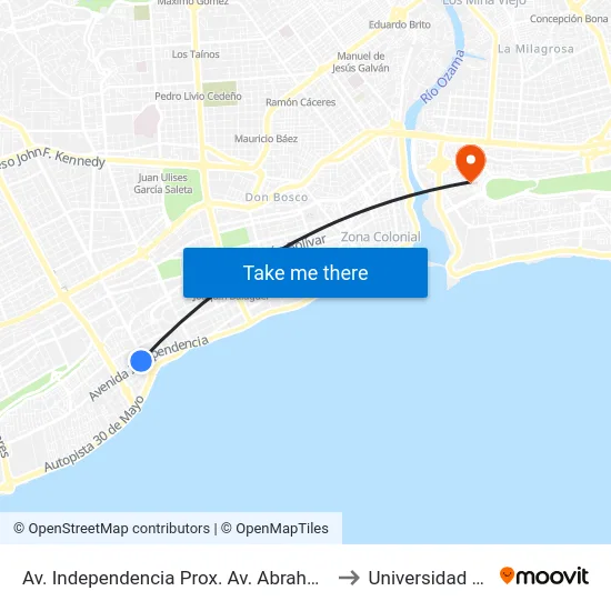 Av. Independencia Prox. Av. Abraham Lincoln to Universidad APEC map