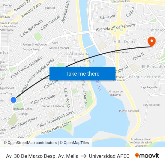 Av. 30 De Marzo  Desp. Av. Mella to Universidad APEC map